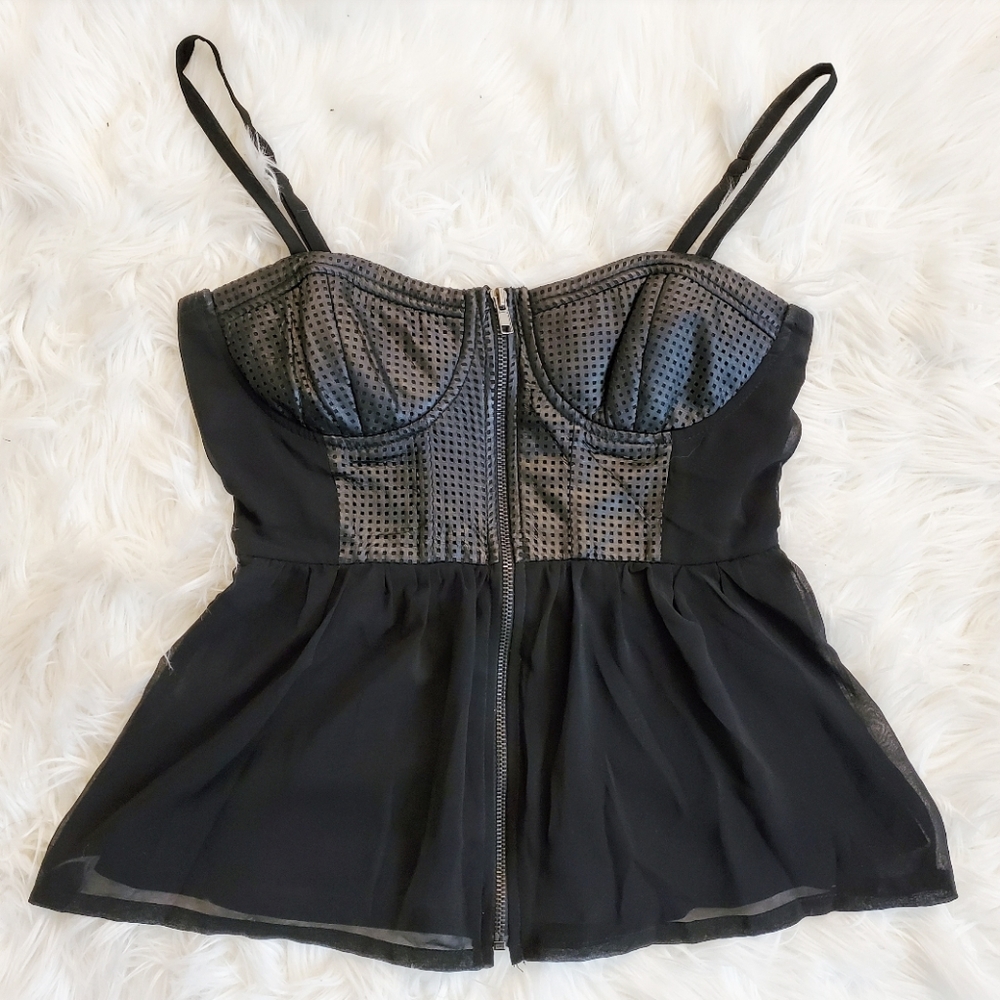 🔸️Black Chiffon and Faux Leather Top - Picture 1 of 2